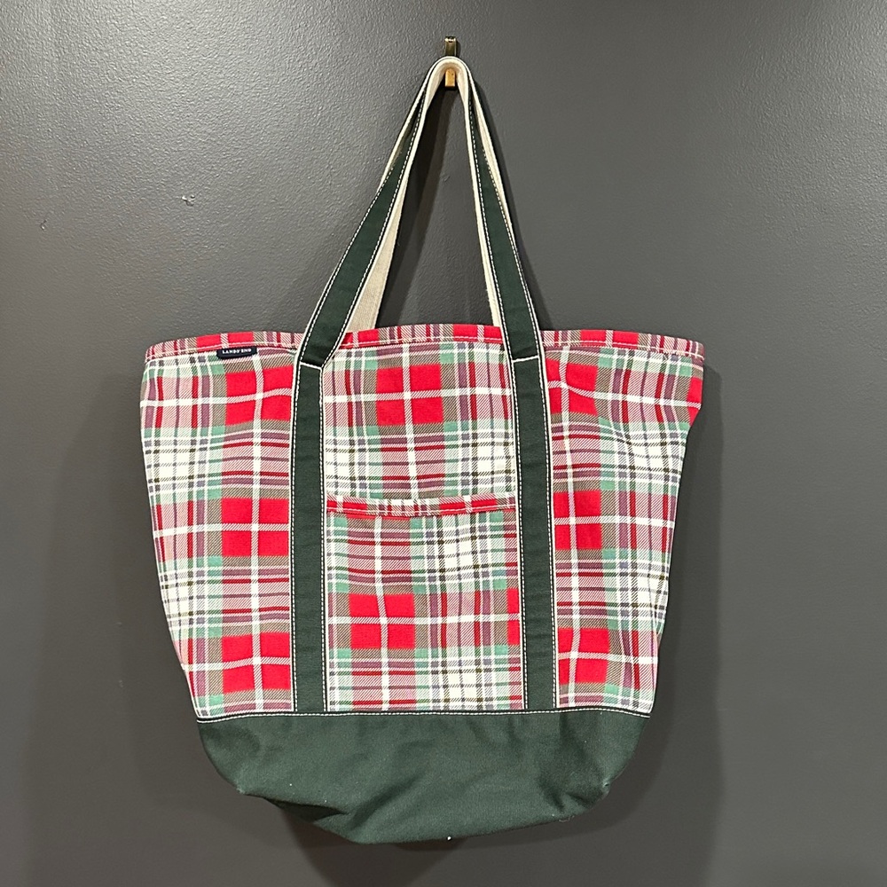 Lands' End Red, Green & White Plaid Canvas Tote